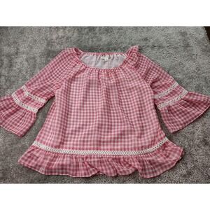 JOHN PAUL RICHARD WOMENS PINK‎ PLAID LAYERD BELL SLEEVE RUFFLE BOTTOM TOP MEDIUM